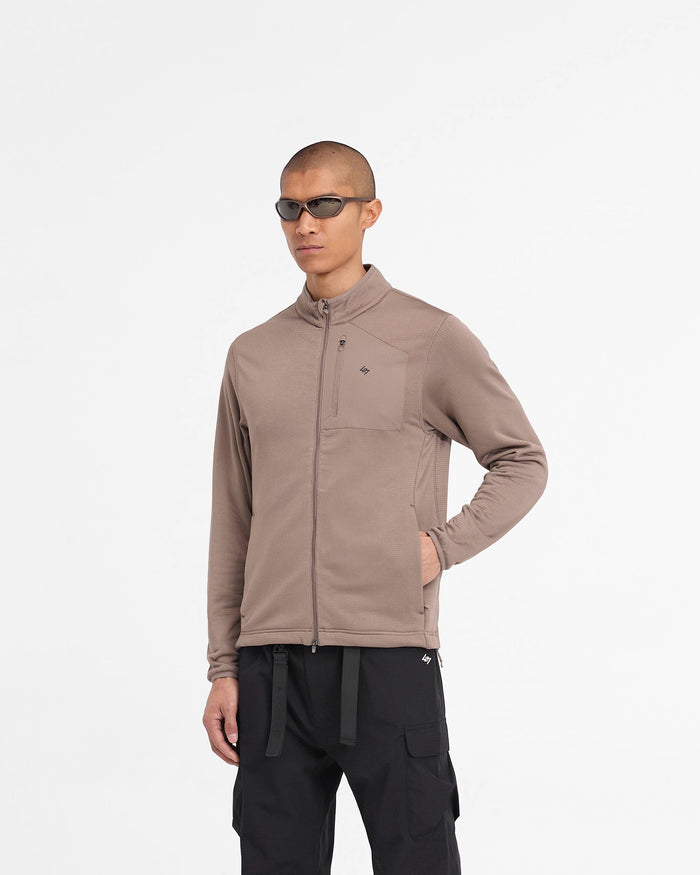 Back product image of a mens brown fleece jacket on a plain white background | 247 Full Zip Fleece in Umber | Fleece with adjustable hem and zip pocket | 247 Outerwear | Represent Clo