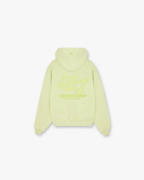 Back product image of a mens green hoodie on a plain white background | 247 Future Terrains Oversized Hoodie in Shadow Lime | Oversized hoodie with 247 logo and ribbed hem | 247 Hoodies | Represent Clo