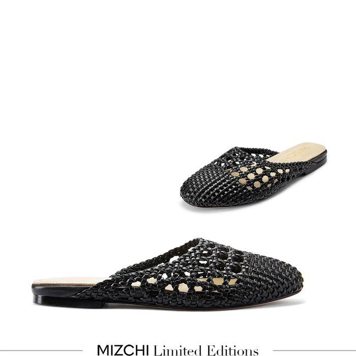 Alora Black - Woven Leather Slides