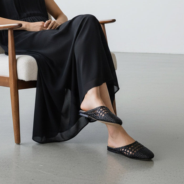 Alora Black - Woven Leather Slides