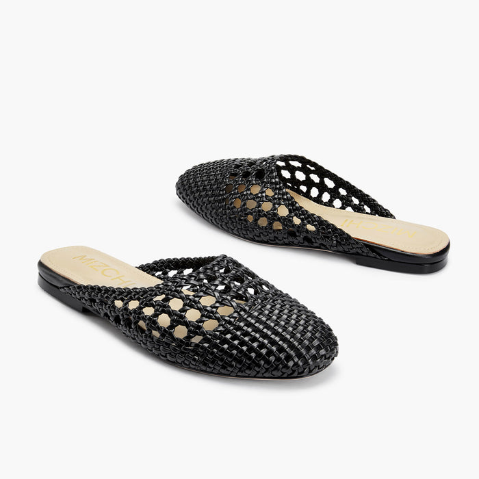 Alora Black - Woven Leather Slides