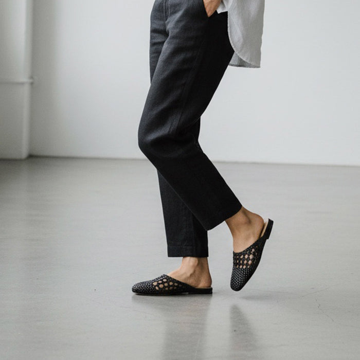Alora Black - Woven Leather Slides