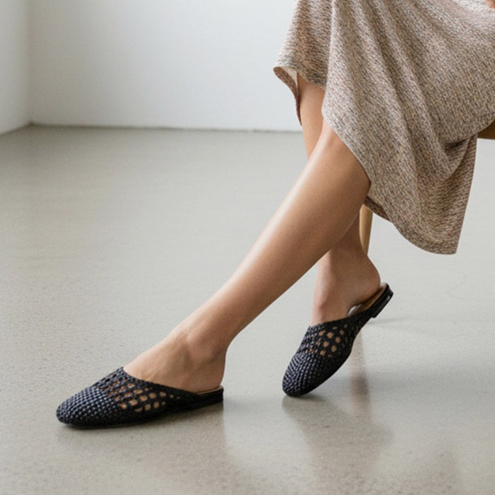 Alora Black - Woven Leather Slides