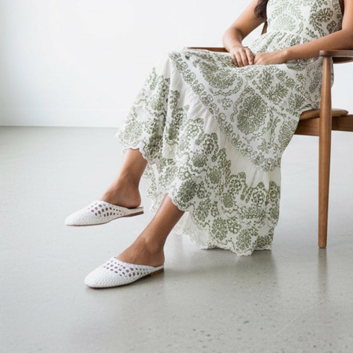 Alora White - Woven Leather Slides
