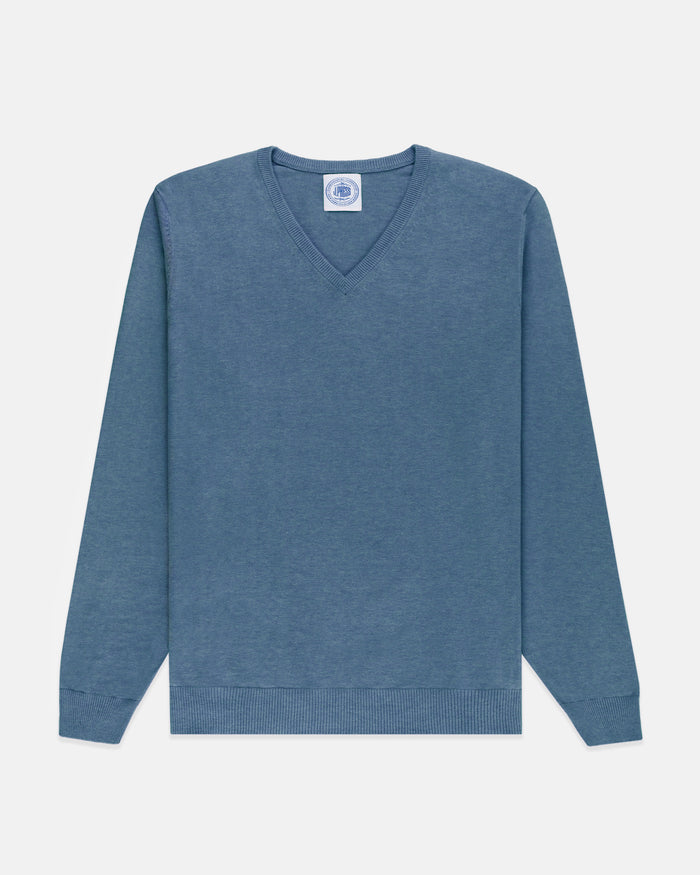Blue Cotton-Cashmere V-Neck Sweater