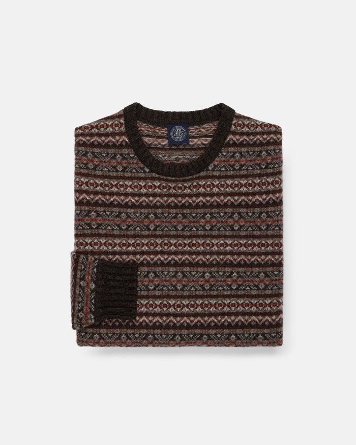 Brown Lambswool Fair Isle Crewneck Sweater - Trim Fit