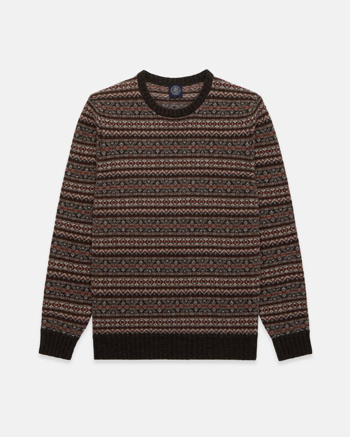 Brown Lambswool Fair Isle Crewneck Sweater - Trim Fit
