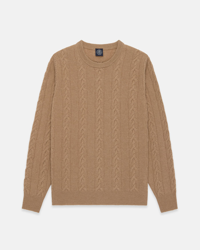 Camel Lambswool Cable Crewneck Sweater