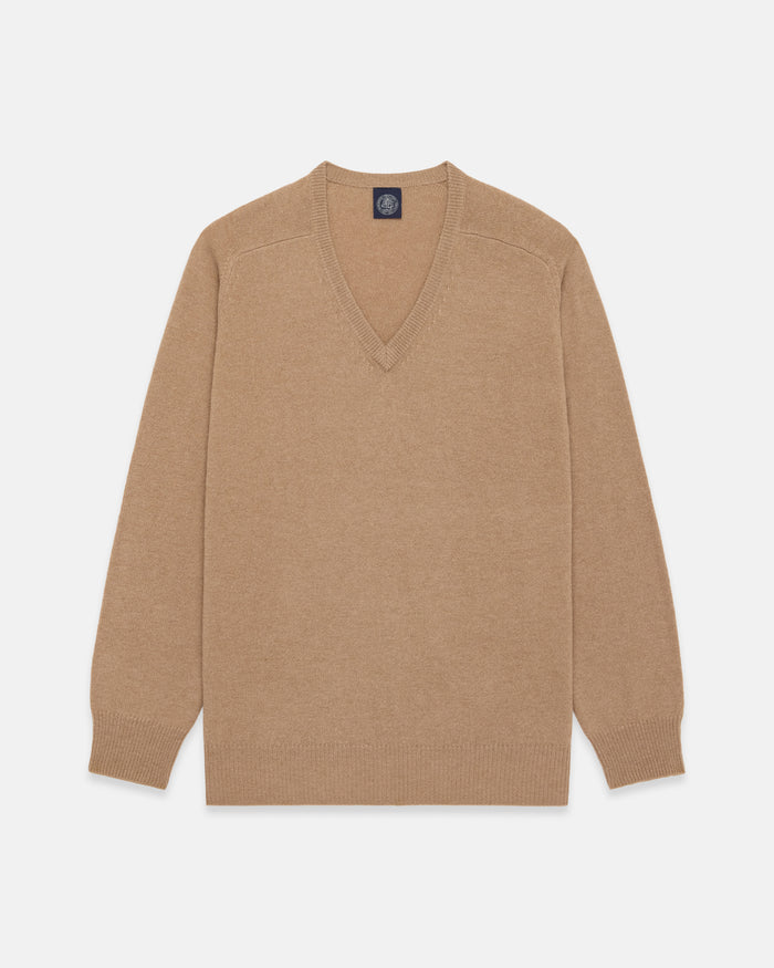 Camel Lambswool V-neck Sweater