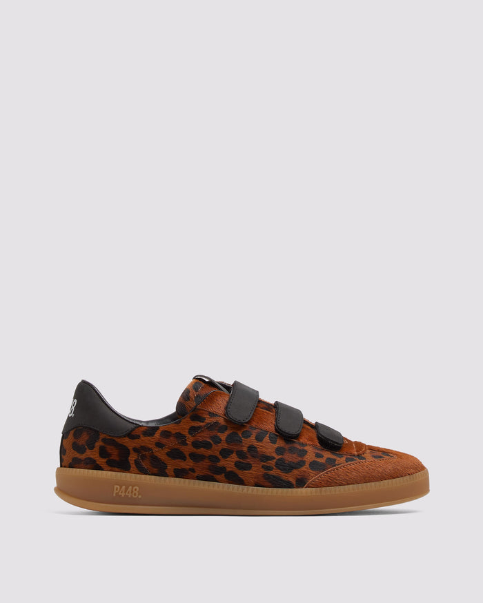 Side angle of leopard/brown and black/brown sneakers