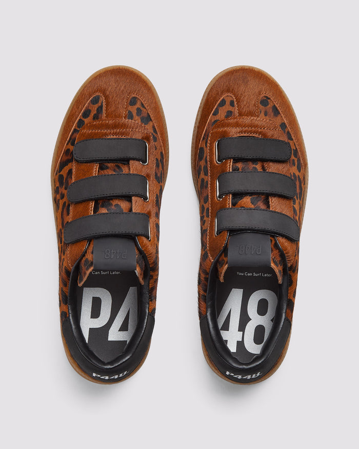 Front angle of leopard/brown and black/brown sneakers