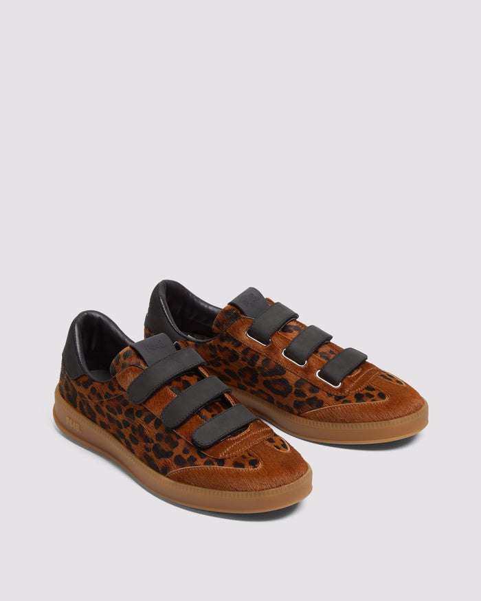 Back angle of leopard/brown and black/brown sneakers