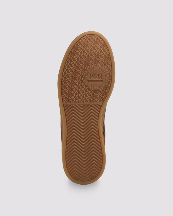 Bottom angle of leopard/brown and black/brown sneakers
