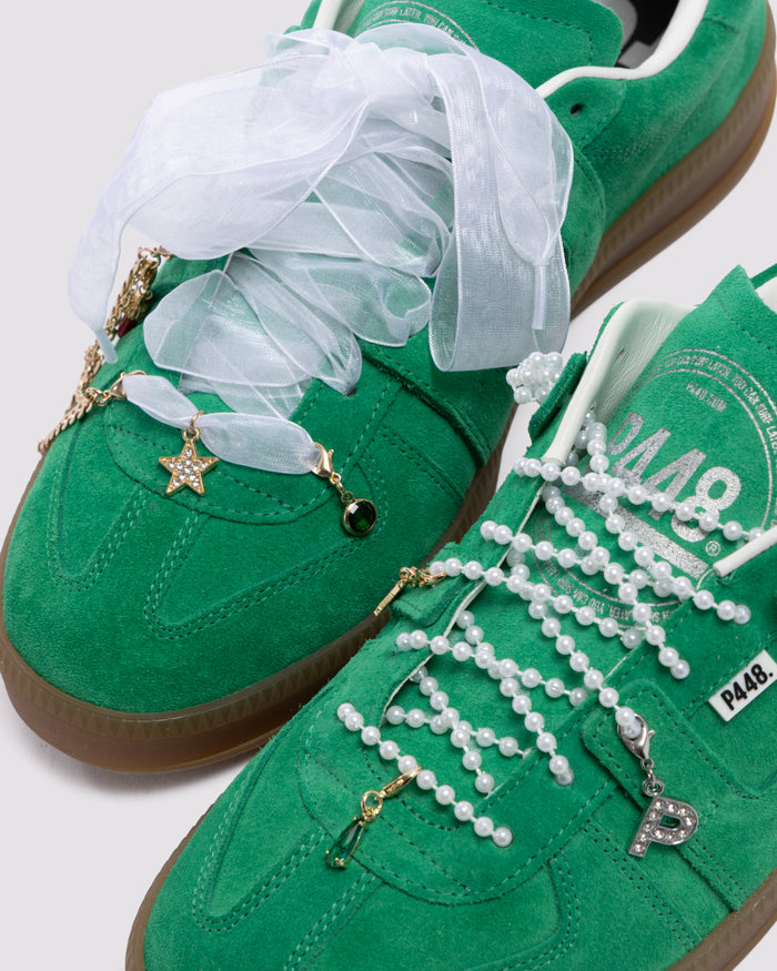 Side angle of black and white lace charms