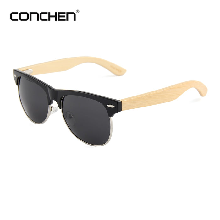 CONCHEN Classic Wooden Sunglasses Womens Men Fashion Semi-Rimless Bamboo Sun Glasses for Travel