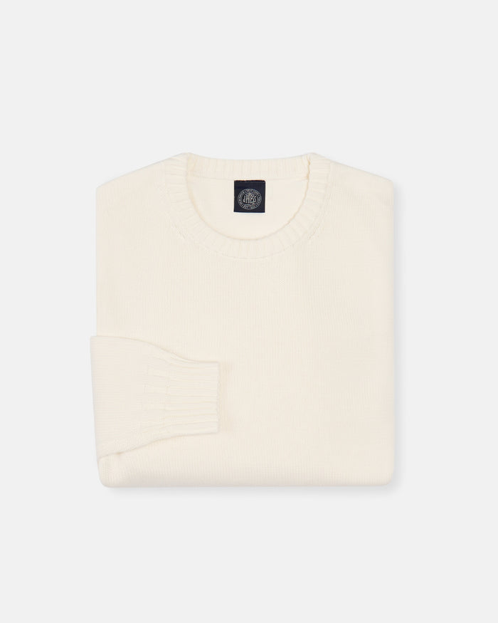 Ecru Fine Knit Cotton Crewneck Sweater