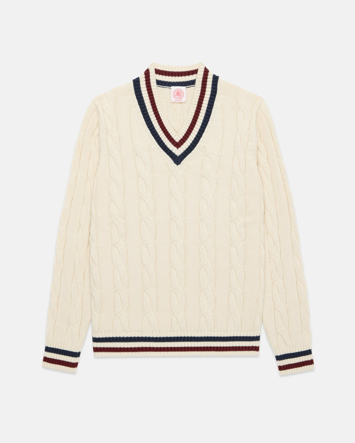 Ecru, Navy & Burgundy Cotton Cricket Sweater