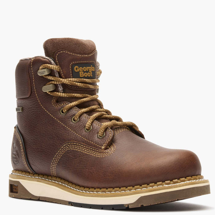 Brown leather boot with lace-up design on a white background