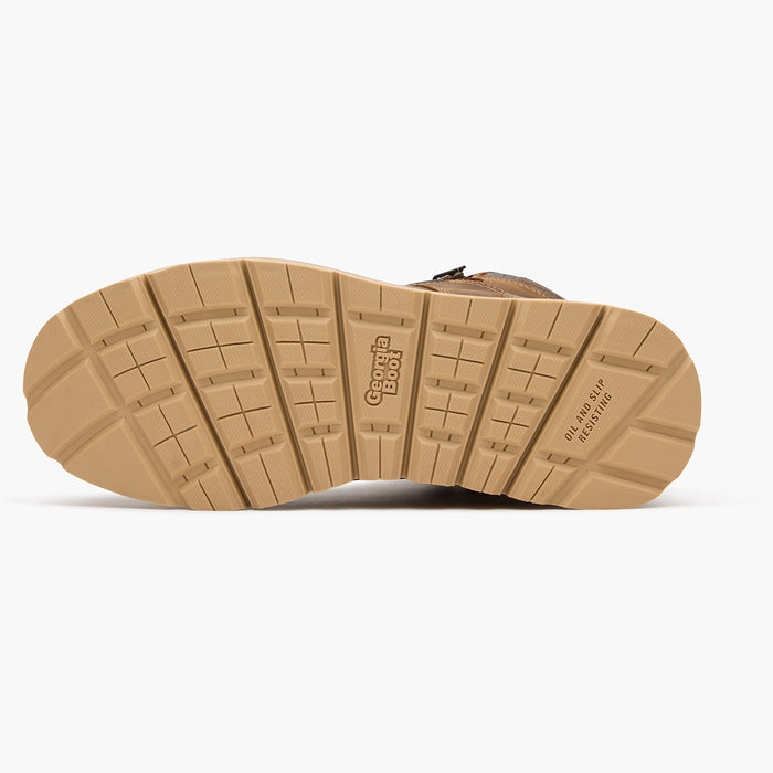 Brown boot sole with tread pattern on a white background