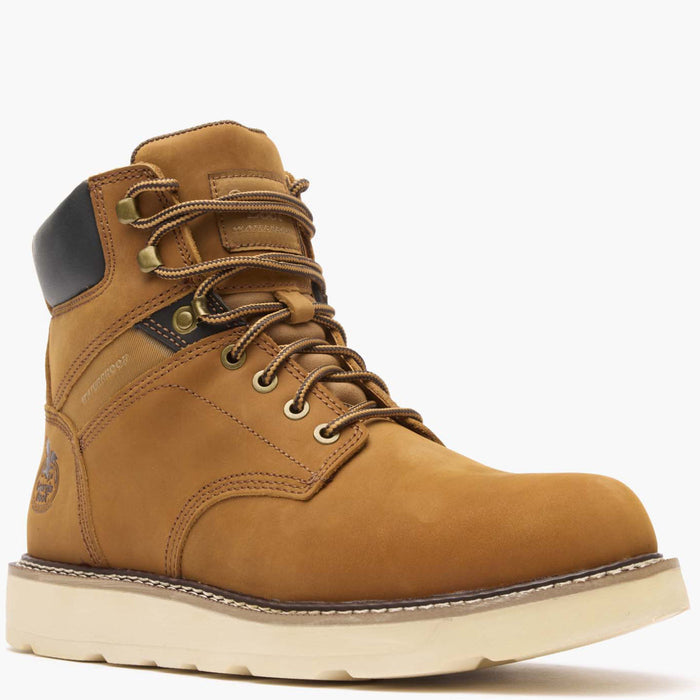 Brown leather boot with a white sole on a white background