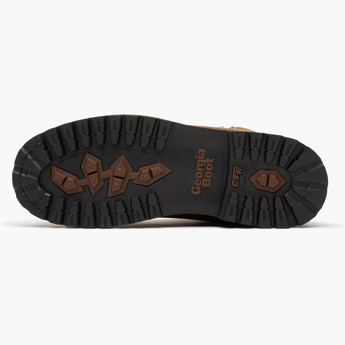 Close-up of a boot sole with 'Georgia Boot' branding on a white background