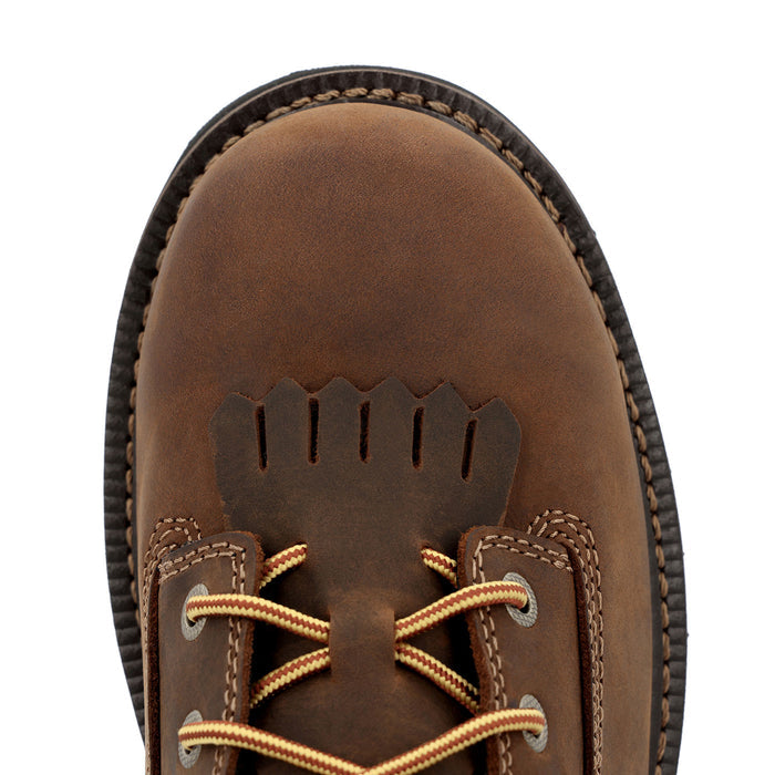 Close-up of a brown leather boot with laces on a white background