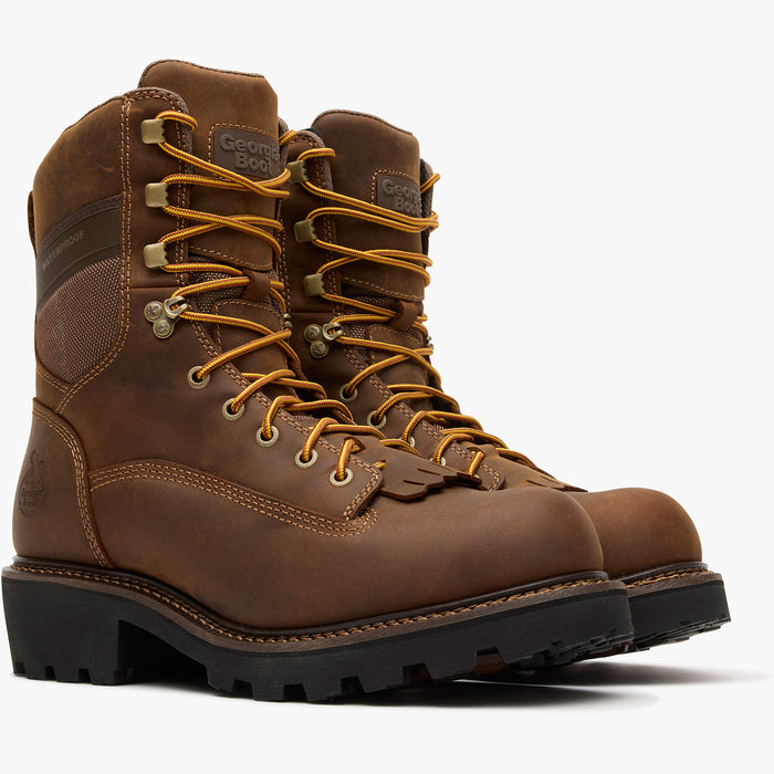 Pair of brown leather boots with yellow laces on a white background