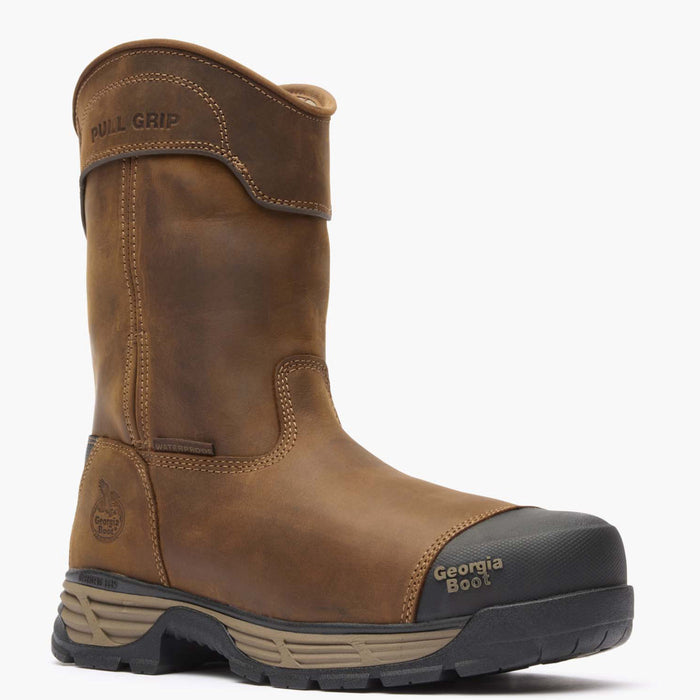 Brown work boot with visible branding on a white background