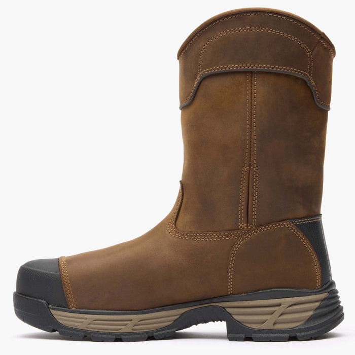 Brown leather boot with black sole on a white background