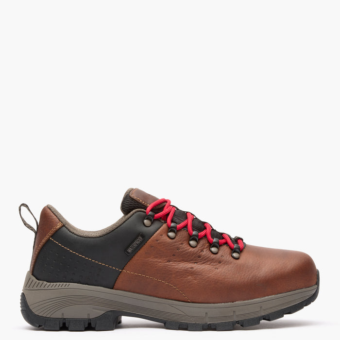 Brown and black shoe with red laces on a white background