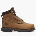 Brown leather boot with black sole on a white background