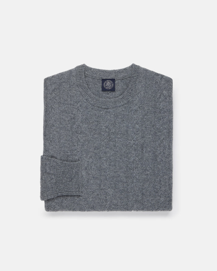 Grey Lambswool Cable Crewneck Sweater