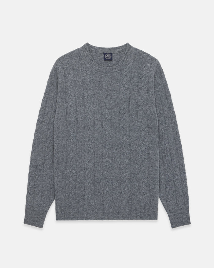 Grey Lambswool Cable Crewneck Sweater