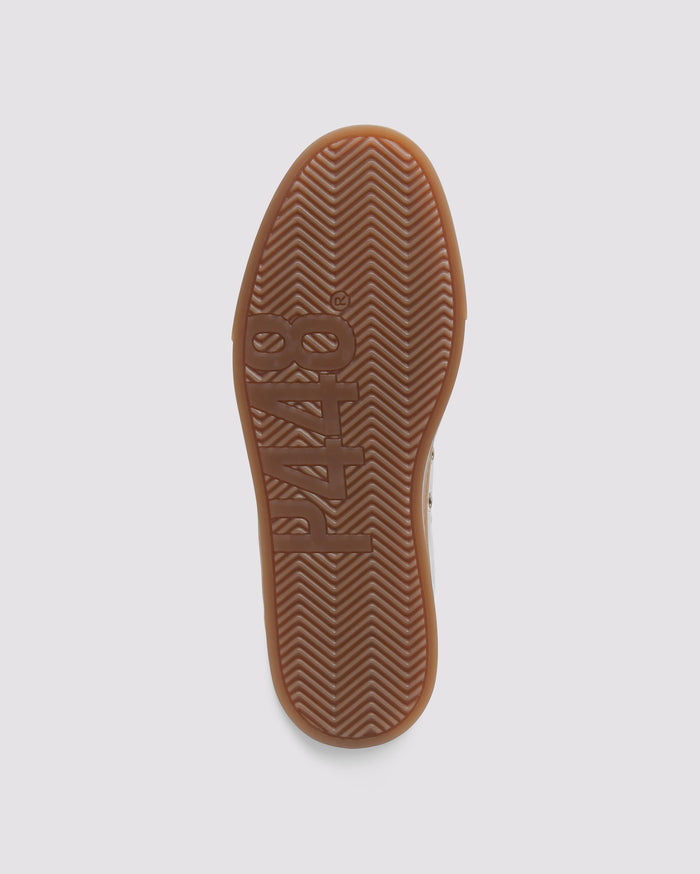 Bottom angle of beige and navy sneakers