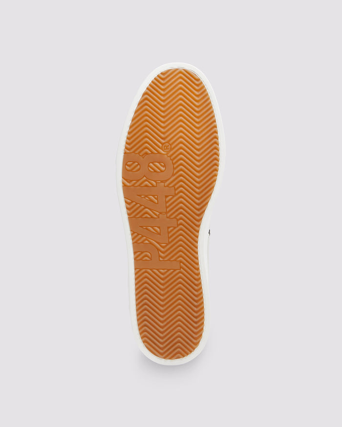 Bottom angle of white and blue sneakers