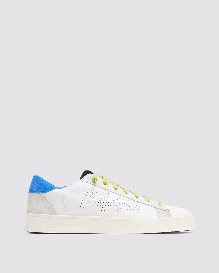 Side angle of white and blue sneakers