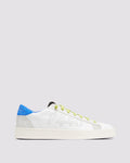 Side angle of white and blue sneakers
