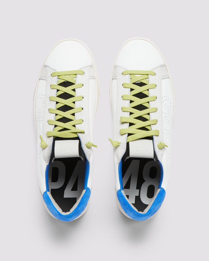 Front angle of white and blue sneakers