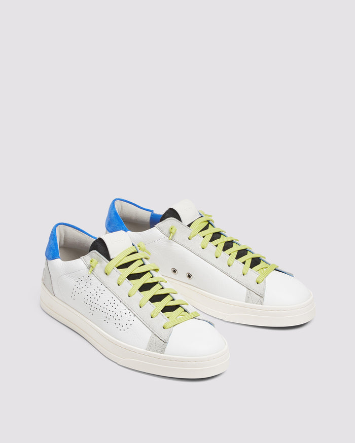 Back angle of white and blue sneakers