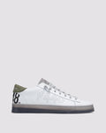 Side angle of white and green sneakers