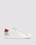 Side angle of white, burgundy and blue sneakers