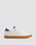 Side angle of white and navy sneakers