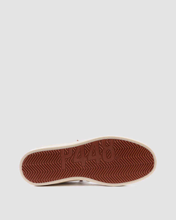 Bottom angle of beige sneakers