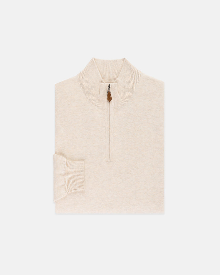 Light Tan Cotton-Cashmere Quarter-Zip Sweater