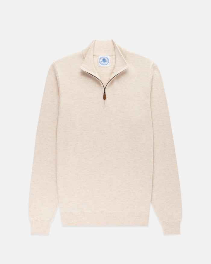 Light Tan Cotton-Cashmere Quarter-Zip Sweater