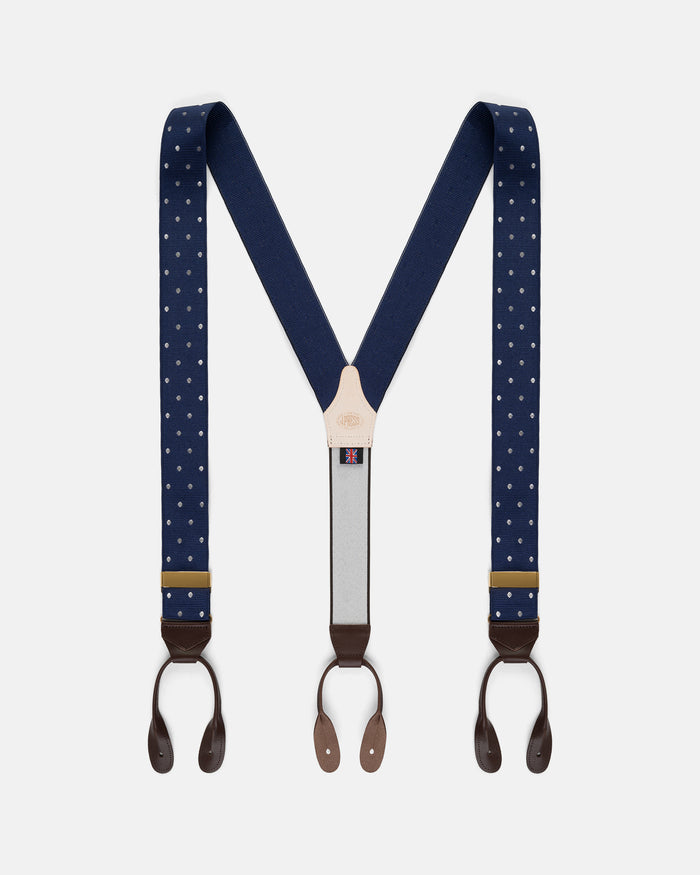 Made-in-England Navy Polka Dot Jacquard Ribbon Braces