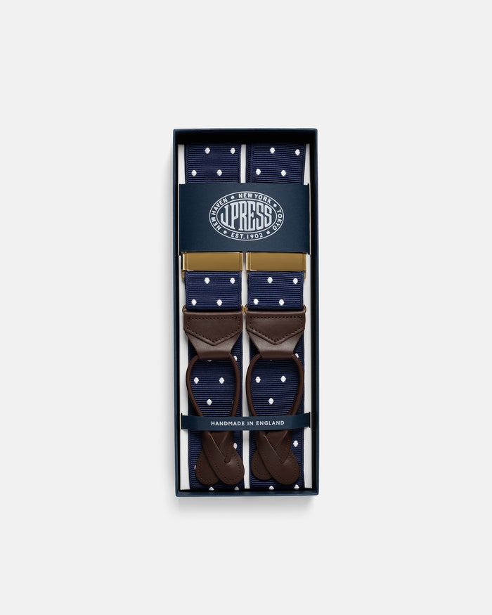 Made-in-England Navy Polka Dot Jacquard Ribbon Braces