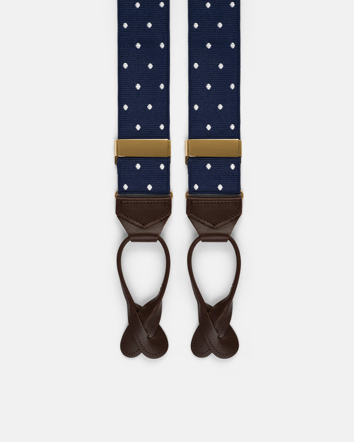 Made-in-England Navy Polka Dot Jacquard Ribbon Braces