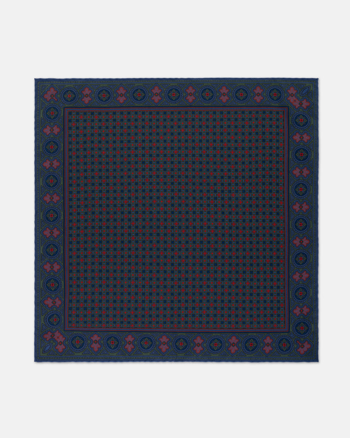 Made-in-England Navy Printed Squares Silk Pocket Square