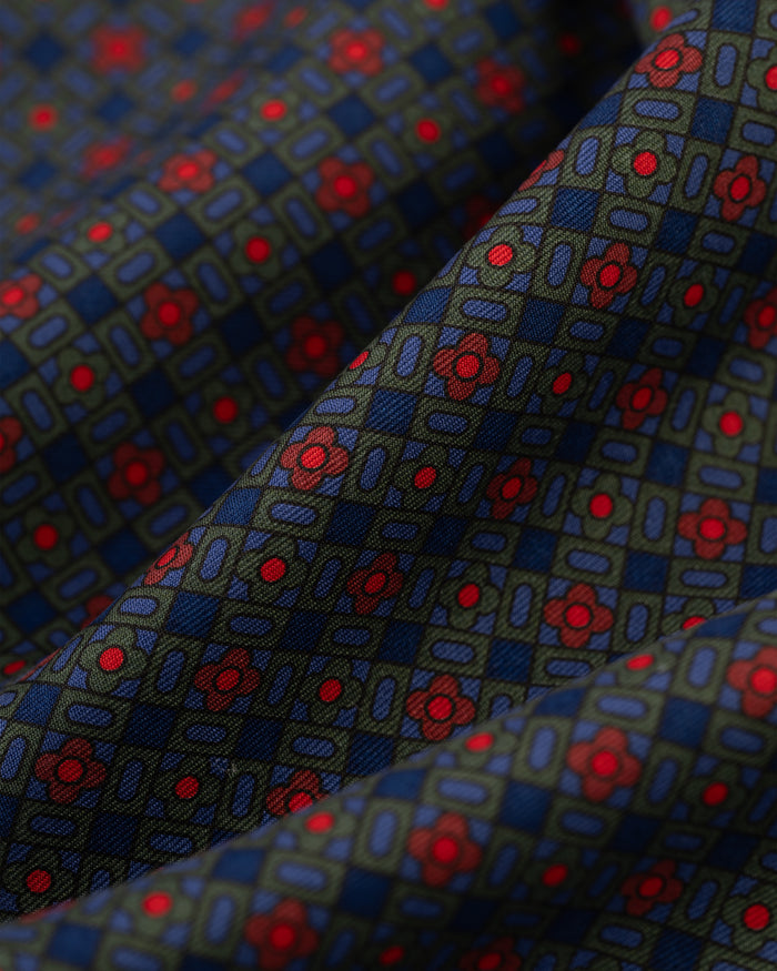 Made-in-England Navy Printed Squares Silk Pocket Square